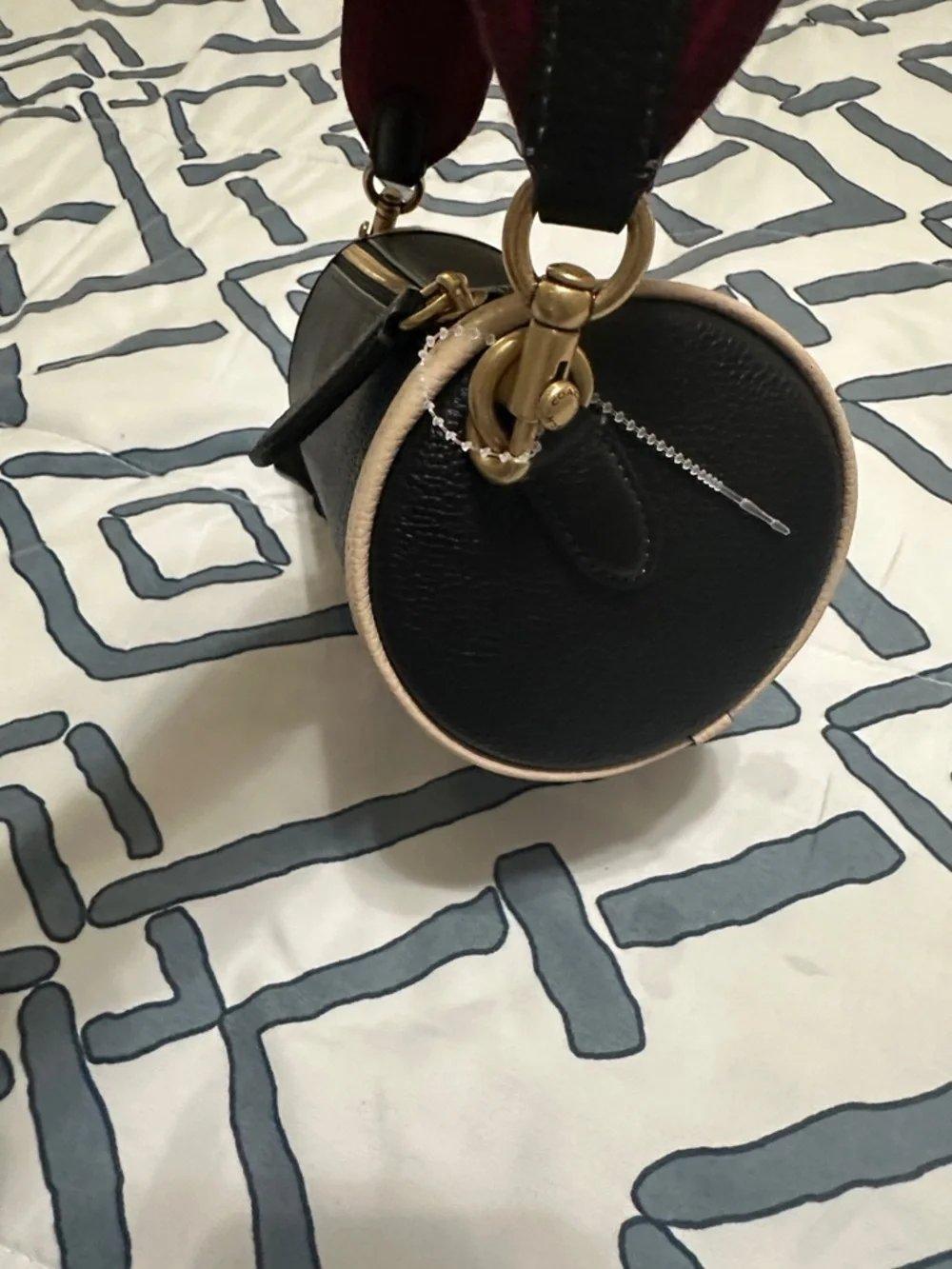 COACH Black Mini Barrel Bag with Red Strap and Cream Trim - Picture 3 of 7